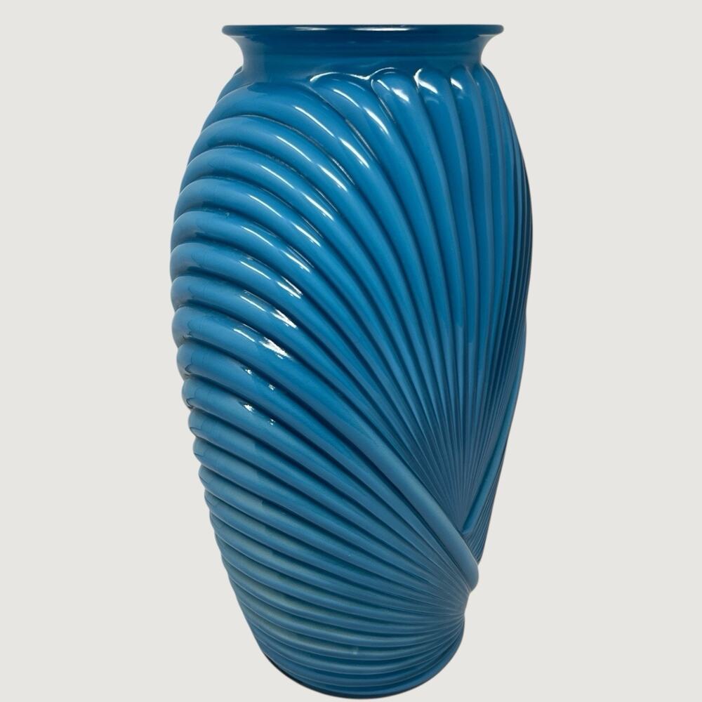 Teal Ribbed Glass Vase Art Deco Style 1990s Sculptural Statement Decor - Picture 3 of 6